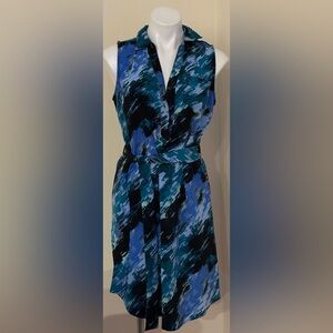 DANA BUCHMAN Black & Blues Geometric Tie Sleeveless Collard Button Up Dress Sz M